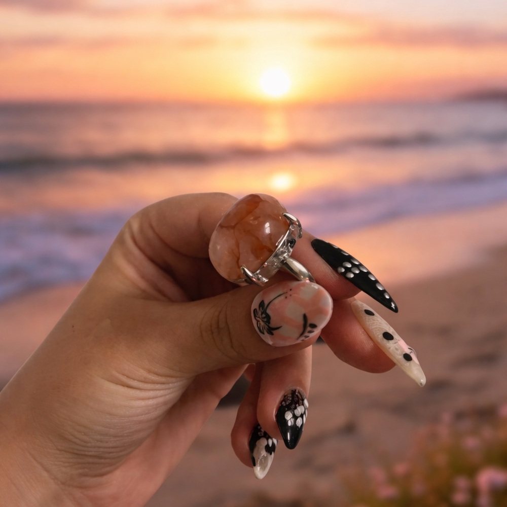 Fire Quartz Ring with Silver tone band